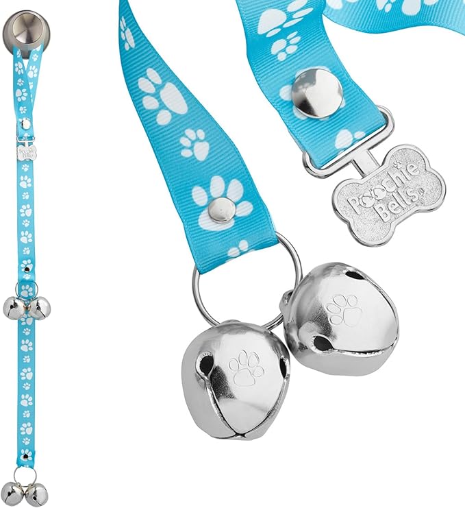 PoochieBells Dog Doorbell, Dog Potty Training Bells, Dog Safe USA-Made w/Perfect Sound,Dog Trainer Approved, Housetraining Made Easy & Quick, Sig Tracks Baby Blue