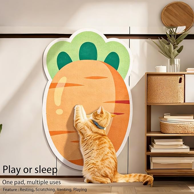 Cartoon Cat Scratching Mat, Cute Wall Cat Scratcher for Christmas, New Year, Pet Scratching Pad with Self-Adhesive Backing, Furniture Protector for Couch Door Sofa Indoor (Carrot)