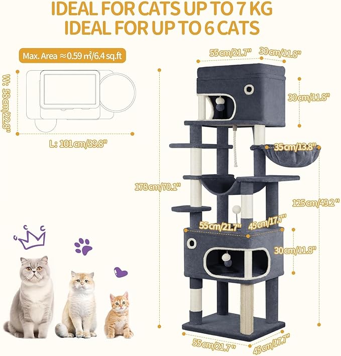70.1 Inch Cat Tree for Indoor Cats, Multi-Layer Scratching Post with Large Platform, 2 Caves, 7 Sisal Posts, Pompoms, Cat Basket, Hammock, Suitable for Cats, Dark Grey MS17818SG