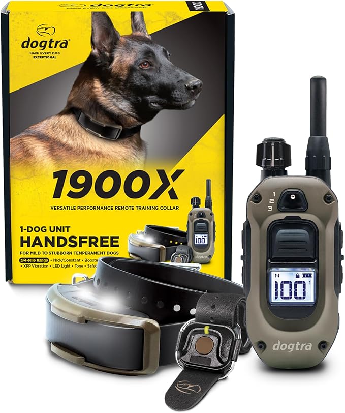 Dogtra 1900X Handsfree E-Collar for Dog Training - 3/4 Mile Range, for Dogs 35 lbs+, Waterproof, 100 Stimulation Levels, Vibration, Tone, Rechargeable - Hands-Free Remote for Dog Owners and Trainers