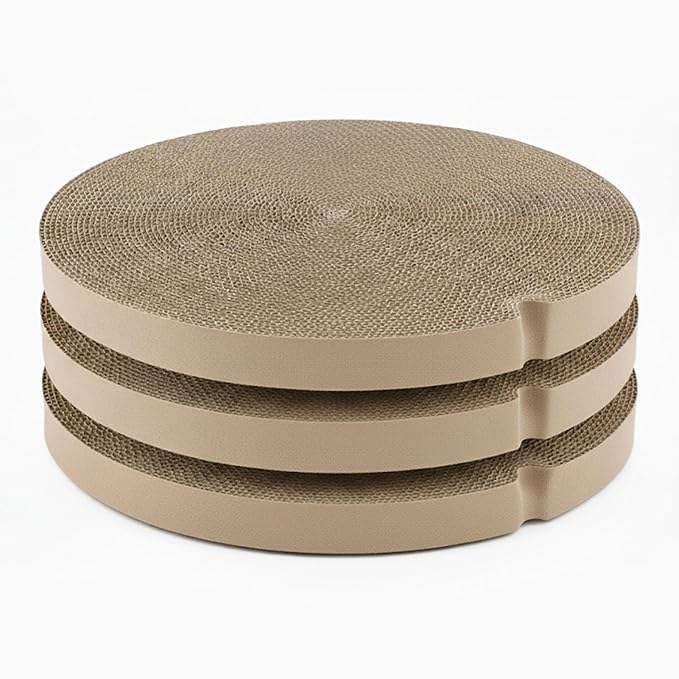 DFQ Cat Scratching Board for Replacement, Heavy-Duty Reinforced Version,Round Scratcher with Grooves, Corrugated Cardboard for Indoor Bored Cat- 3 Count