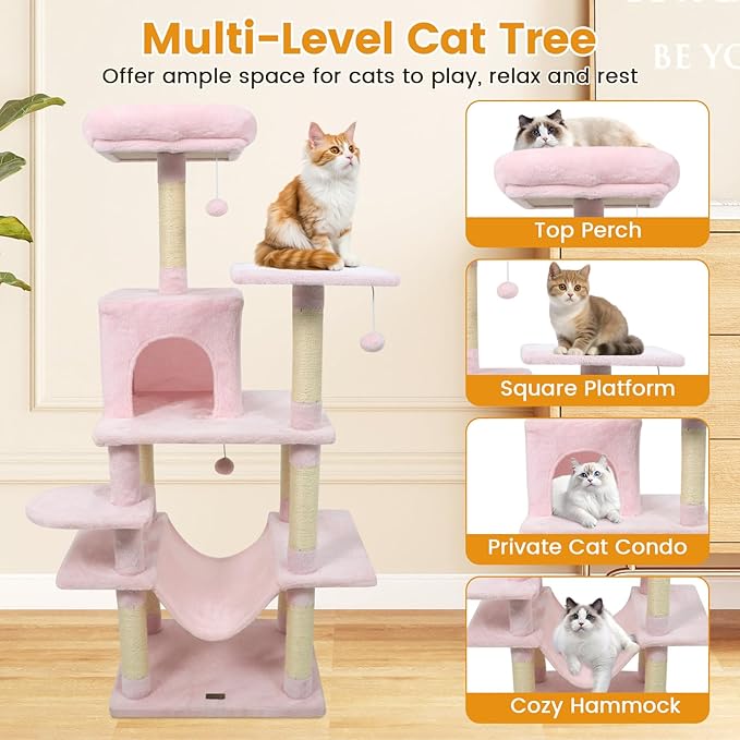 PETSITE Multi-Level Cat Tree, 58 Inches Tall with Sisal Scratching Posts, Condo, Hammock, Dangling Balls, Jumping Platforms, and Cozy Top Perch, Ideal for Indoor Cats to Play and Rest (Pink)