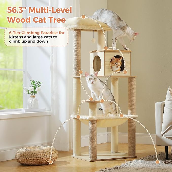 Wooden Cat Tree, 56.3-Inch Modern Cat Tower for Indoor Cats Large Adult, Multi-Level Cat Condo with Large Hammock, Scratching Posts, Washable Removable Cushion & Non-Slip Jump Platforms, Beige