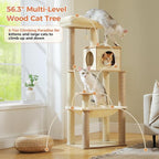 Wooden Cat Tree, 56.3-Inch Modern Cat Tower for Indoor Cats Large Adult, Multi-Level Cat Condo with Large Hammock, Scratching Posts, Washable Removable Cushion & Non-Slip Jump Platforms, Beige
