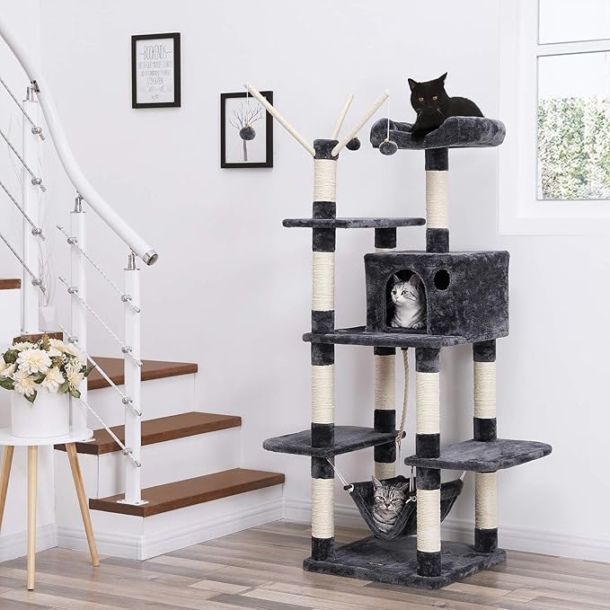 FEANDREA B01J7AN53C XXL Climbing Tree, Stable Cat Tree with Hammock, Cave, Play Sisal, 154 cm, Smoke Grey Beige Light Grey PCT86G, 15600 g