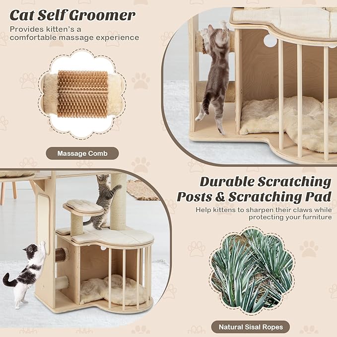 PETSITE 55" Tall Cat Tree, Multi-Layer Wooden Cat Tower with Hammock, Condo, Plush Perch, Self Groomer, Scratching Posts, Cat Climbing Stand Activity Center Furniture for Kitten & Adult Cats