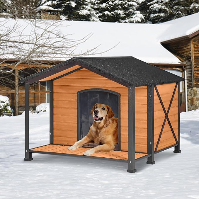 GUTINNEEN Extra Large Heated Dog House for Outside XL Insulated Dog House Outdoor Weatherproof Dog Kennel with Thermostat-Controlled Heating Pad, Thermal Liner, Chew-Proof Metal Frame for Large Breeds