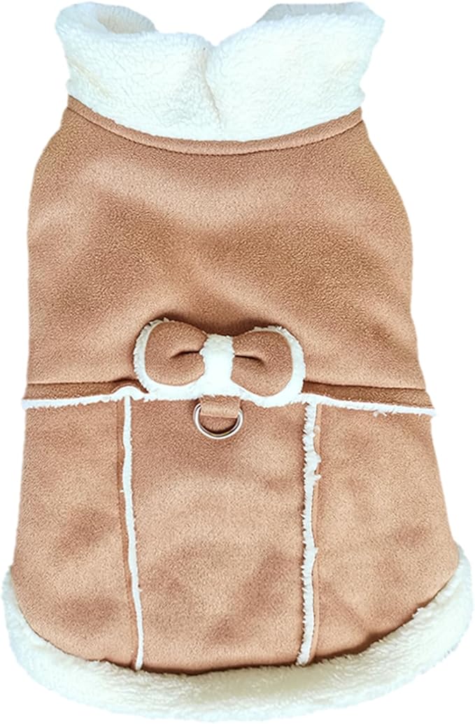 Jecikelon Bowtie Dog Cold Weather Coat Fleece Lining Warm Pet Puppy Turtleneck Dogs Winter Coats for Small Dogs Jacket with D-Ring Leash (Large, Khaki)
