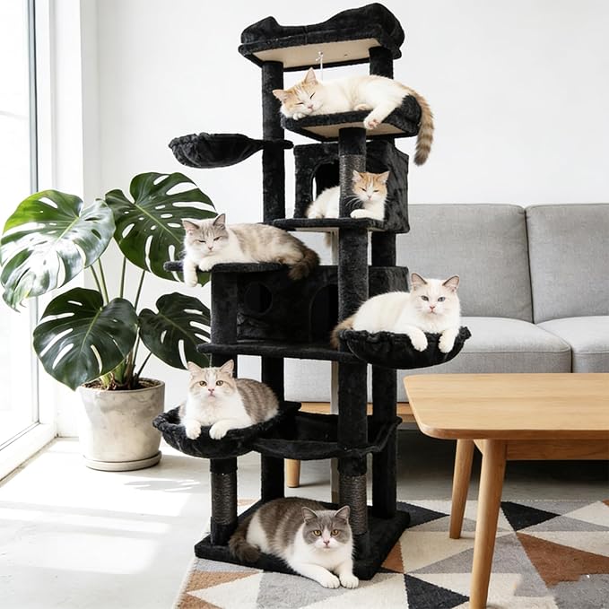 KAWHBET 68in Cat Tree,Cute Cat Tower Big Multi-Level Cat Tower for Large Cats with Removeable Cushion,Hammocks Sisal Scratching Posts,Condos,for to Play and Sleep Cat Tree for Indoor Cats (Black)