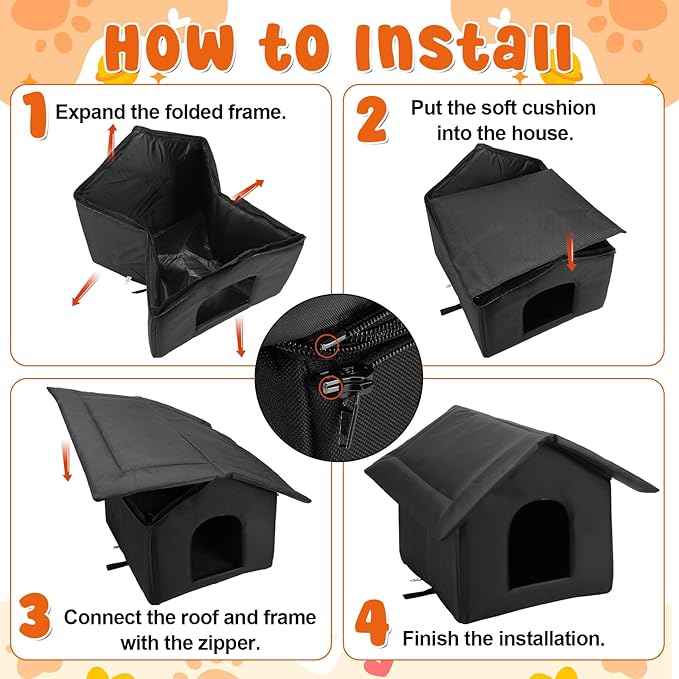 2Pcs Black Cat Houses for Outdoor Stray Cats Shelter Weatherproof Outdoor Cat House Indoor Foldable Warm Pet Cave for Feral Cat Dog Winter Wild Animal