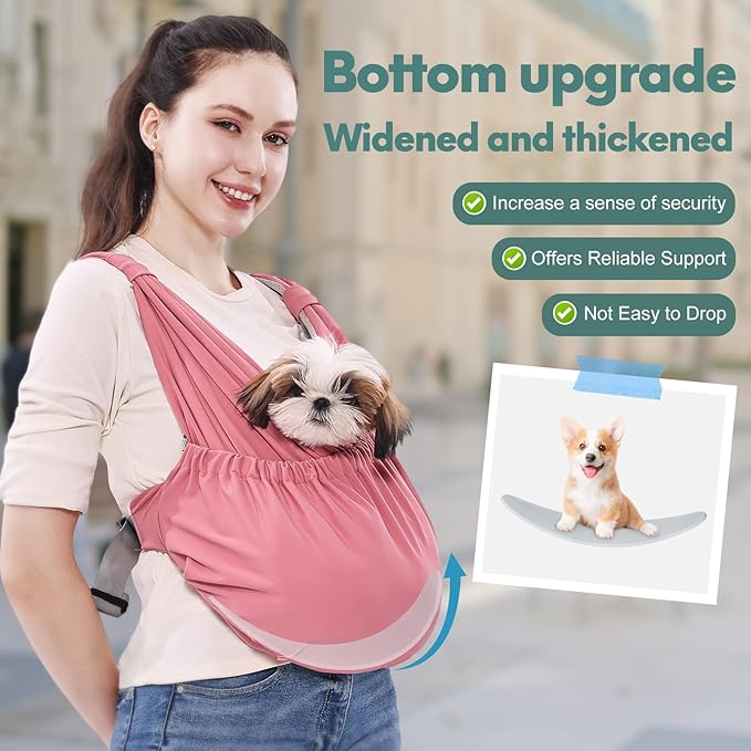 Supet Dog Sling Carrier for Small Pets, Hands Free Cat Sling, Reducing Back Neck Pain Anti-Anxiety Puppy Front, Adjustable Soft Dog Carrying (Pink, Regular 0-9 Lbs)