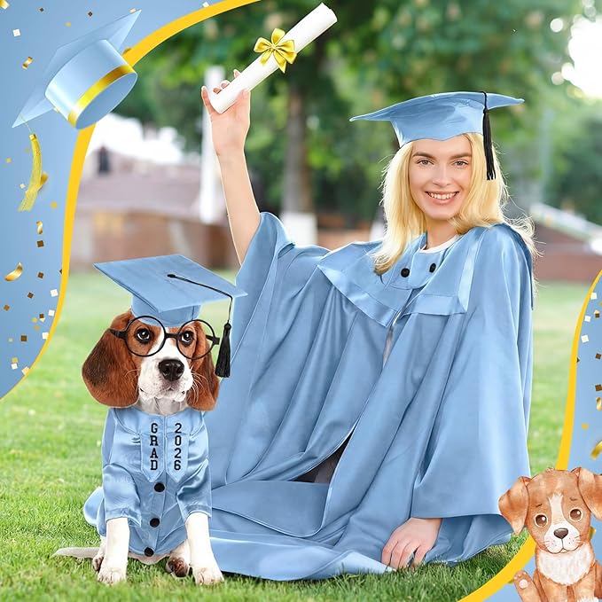 5 Pcs Dog Graduation Costume Set Include 2026 Pet Graduation Gown with Stole Puppy Grad Cap Lensless Glasses DIY Letter Stickers for Dogs Cats Holiday Costume Accessory(Light Blue,XL)