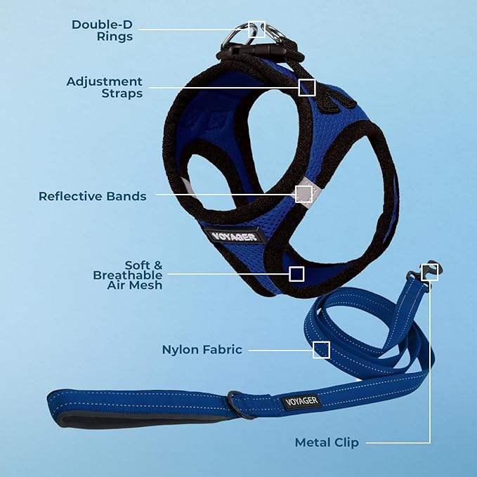 Best Pet Supplies Voyager Step-in Air All Weather Mesh Harness and Reflective Dog 5 ft Leash Combo with Neoprene Handle, for Small, Medium and Large Breed Puppies - Royal Blue/Black Trim, X-Small