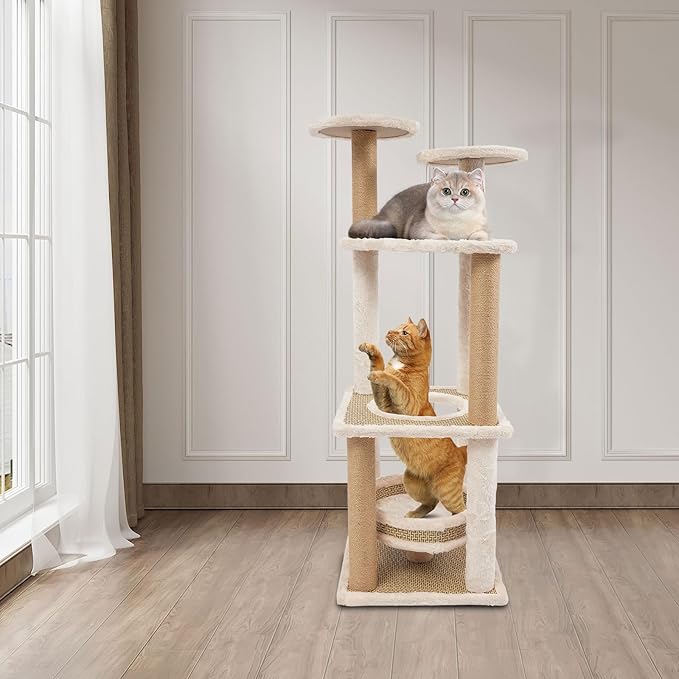 5-Tier Cat Tree, Modern Cat Tower with Rattan Mat & Enclosed Bed, Sturdy Freestanding Climbing Frame for Cats up to 16.53 lbs