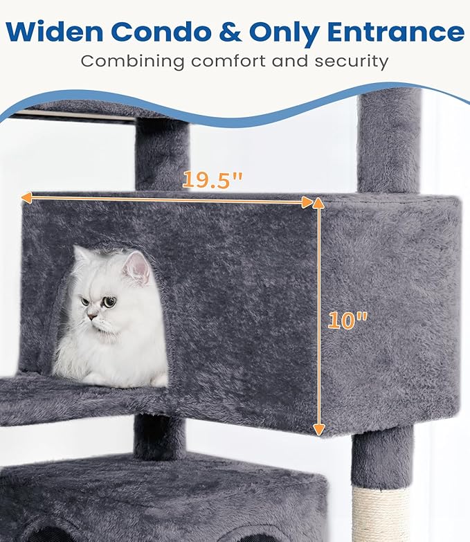 Cat Tree Tower 56in Cat Trees Multi-Level Cat Condos with Spacious Perch, 2 Cozy Condos, Scratching Posts, Climbing Ladder, Toy Ball, Durable Pet House Furniture for Indoor Kittens, Dark Gray