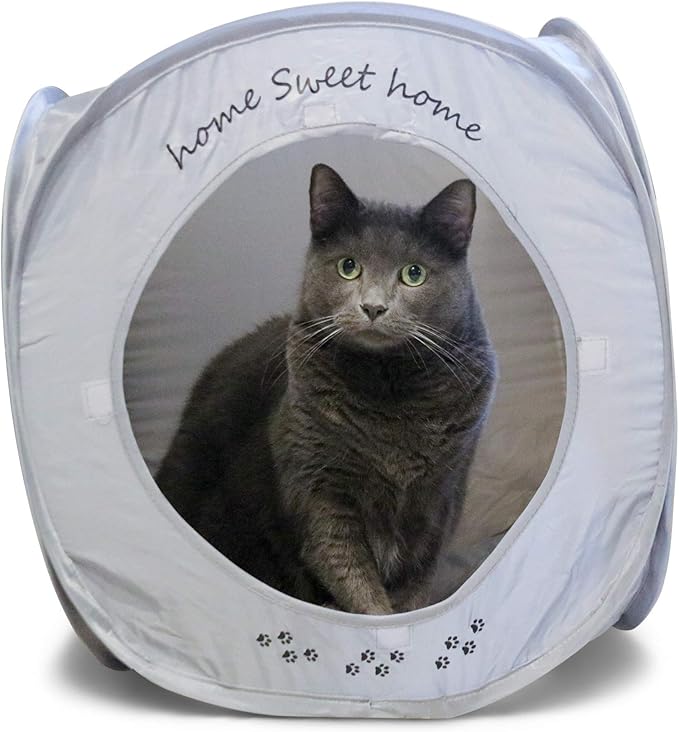 Feline Ruff Home Sweet Home Pop Up Cat Cube. A Collapsible Indoor Cat House. Covered Pet Bed Hideaway Cave for Dogs and Other Pets Too. (Pop Up Cube- Gray)