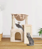 SYANDLVY Cat Tree for Indoor Cats Large Adults, Modern Activity Tower with Scratching Posts & Board, Condo with Plush Perch, Climbing Stand with Cradle & Hanging Ball for Play, Beige