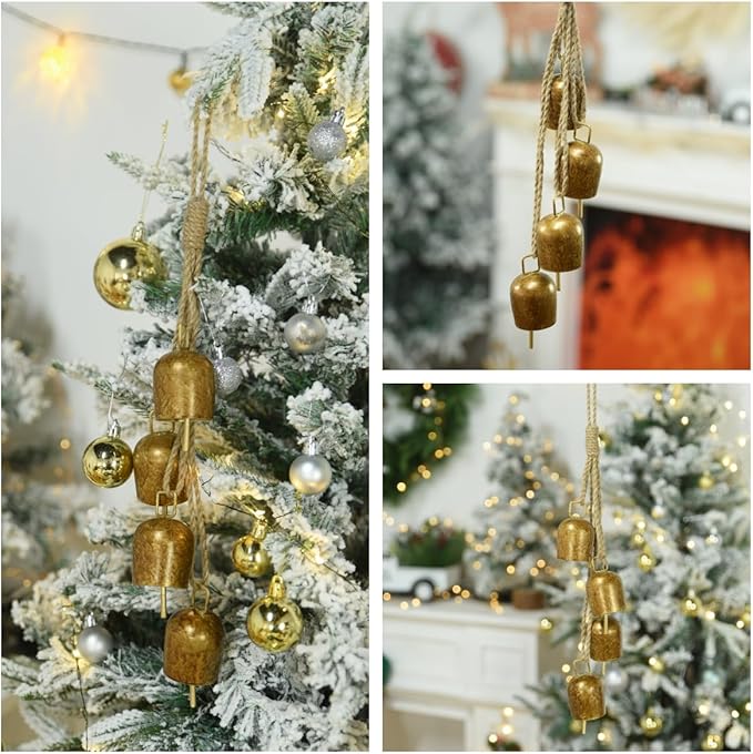 Gold Metal Vintage Bells with Jute Hanging Rope, Decorative Cow Bell for Weddings, Parties, and Christmas Wreaths, 1.7W x 2.8H