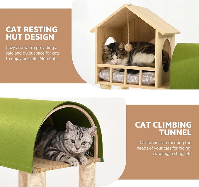 Wood Cat Tree Tower for Automatic Litter Box, 60.2'' Tall Cats Tree with Cat Tunnel, Cat Tower for Indoor Cats Large Adult, 4-Level Solid Wood Cats Furniture with 18Pcs Scratching Post, House