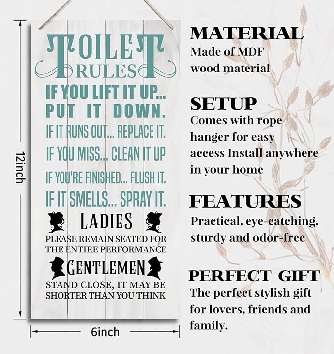 Bathroom Rules Wood Decor Sign, Toilet Rules, Hanging Printed Wooden Plaque Décor, Funny Bathroom Wall Décor, Vintage Bathroom Decor, Toilet Wall Decor Signs, Restroom Wooden Hanging Sign 12x 6inch