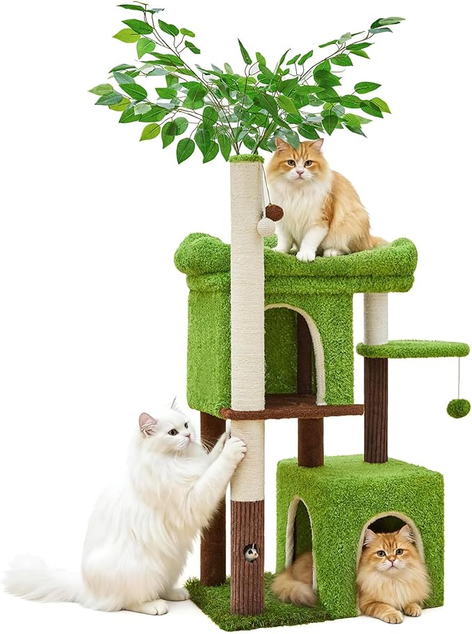 60in Cat Tree with Cat Scratching Post Tree-Shaped Cat Tree Tower with 2 Large Cat Houses and Wide Top Perch Bed for Adults and Large Cats