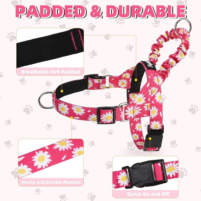 PUPTECK No Pull Dog Harness Small Sized Dog, Adjustable Reflective Pet Vest Harness with Bungee Handle, Escape Proof No Choke Harness for Small Dogs Walking Training, Fuschia Daisy S