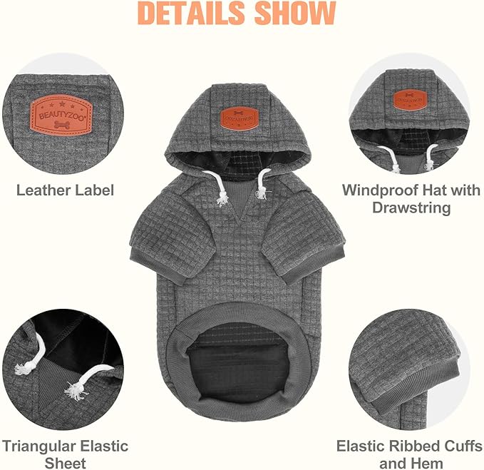 BEAUTYZOO Medium Dog Hoodie Sweater with Pockets, Dog Clothes for Small Medium Dogs Boy Girl, Waffle-Like Laminated Cotton Pet Coats with Hat and Leash Hole, Dark Grey XL