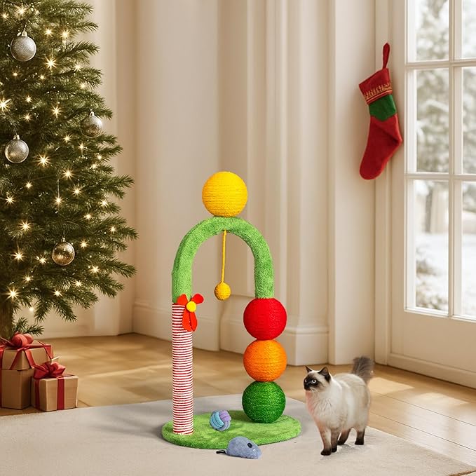 Christmas Cat Tree Tower with Scratching Post, 29 Inch Holiday Themed Cat Furniture with Candy Cane Striped Sisal Post, Dangling Toys, Plush Balls, 15.7x12.6x28.7 Inches