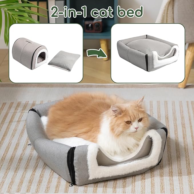 Hollypet Cat Bed Self-Warming 2 in 1 Foldable Kitty Cave Hut House Nest Pet Sleeping Bed, Linen Pet Condo for Indoor Cats, Gray Arched Cave