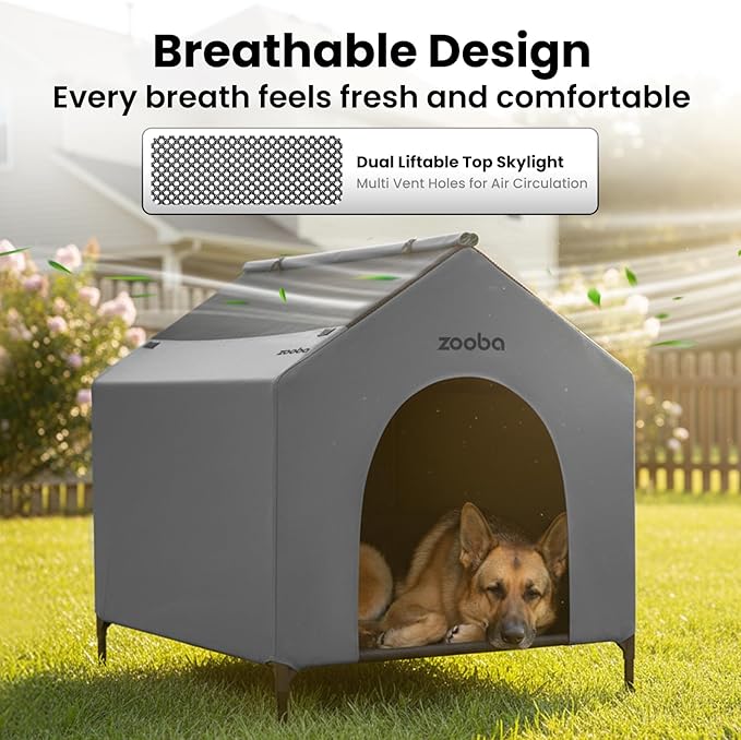 42” Outdoor Dog House for Large Breeds, Durable Large Dog Shelter with Weatherproof 600D PVC Canopy, Breathable 2x1 Textilene Fabric Elevated Dog Bed, XL Dog Kennel for Outside Use