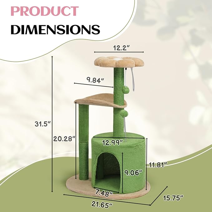 Outvita Cat Tree 33in Small Cat Tower, Multi-Level Cat Tree Tower with Cat Scratching Post and Curved Perch, Cozy Cat Condo, Padded Top Bed for Kittens and Indoor Cats, Beige & Green
