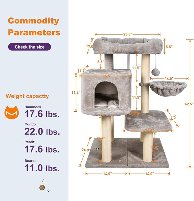 43-in Heavy-Duty Cat Tree for Large Cats, Multi-Level Tower with Sisal Scratching Posts, Plush Perch, Hammock & Condo Anti-Tip Design