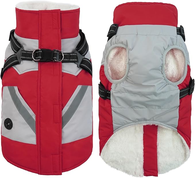 IECOii Warm Small Dog Coat Harness with D Ring -Red,Small- Zip Small Dog Jacket Winter Reflective, Fleece Lined Dogs Snowsuit Snow Jacket,Pet Clothes for Small Dogs Yorkshire Terrier Bichon Shih