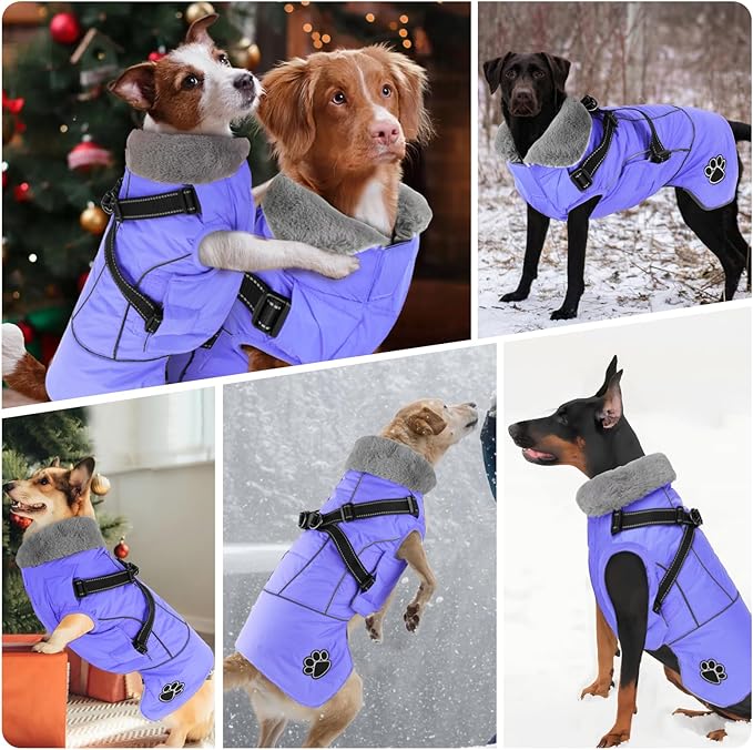 Doglay Dog Coat with Harness, Reflective Warm Dog Jacket Waterproof Puppy Winter Coat for Cold Weather, Adjustable Fleece Jacket for Small Medium Large Dogs