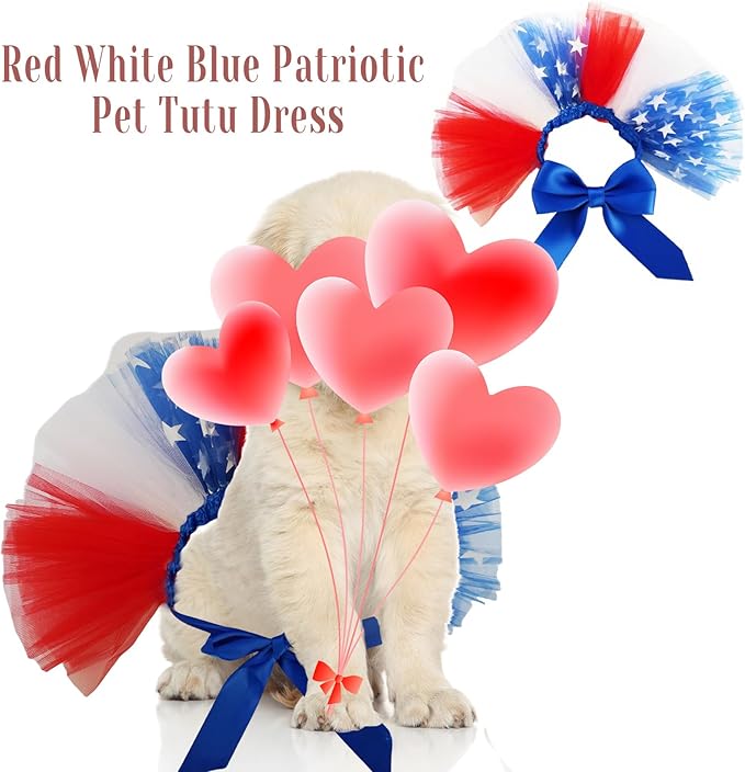 Red White Blue Patriotic Pet Tutu Dress for Dogs & Cats - Adjustable 4th of July Pet Costume, Small Animal Tutu Skirt for Independence Day Celebrations