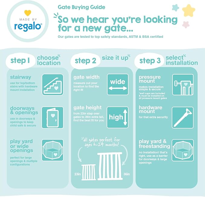 Regalo Safety 36" Extra Tall Baby Gate for Doorways & Bottom of Stairs, Pressure Mounted Walk Through Gate for Babies, Toddlers & Pets, Tested & Safe for 30 Years, American Designed, American Owned