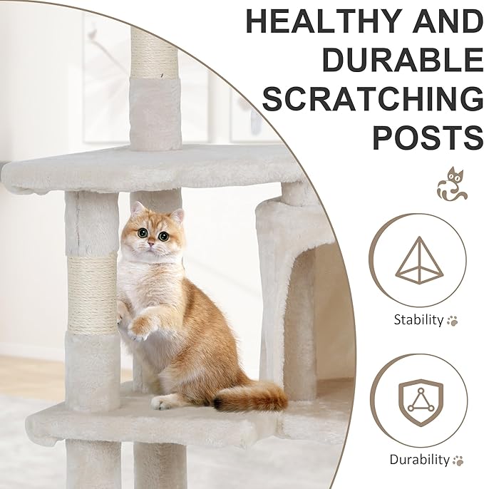 36-Inch Ergonomic Cat Activity Tower with Sisal-Wrapped Columns & Toys - Modular Design Saves Floor Space While Providing 3-Tier Vertical Play Zones for Multiple Indoor Cats（Beige）