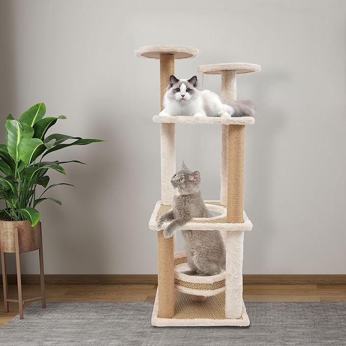 5-Tier Cat Tree, Modern Cat Tower with Rattan Mat & Enclosed Bed, Sturdy Freestanding Climbing Frame for Cats up to 16.53 lbs