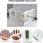 Freestanding Dog Gate Indoor,Doggie Gate Foldable Dog Gates for Doorways,Stairs or Hallways, Wooden White Pet Gate for The House, Pet Fence with Support Feet Included,32 "Height-6 Panels