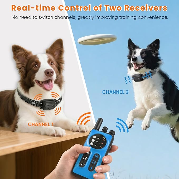 Dog Shock Collar 2 Dogs, 3300ft Dog Training Collar with Remote, Real-time Dual-Channel Remote with 3 Training Modes, Beep, Vibration, Safety Shock, Light, Fits 8-120 lbs All Breeds Sizes - Blue