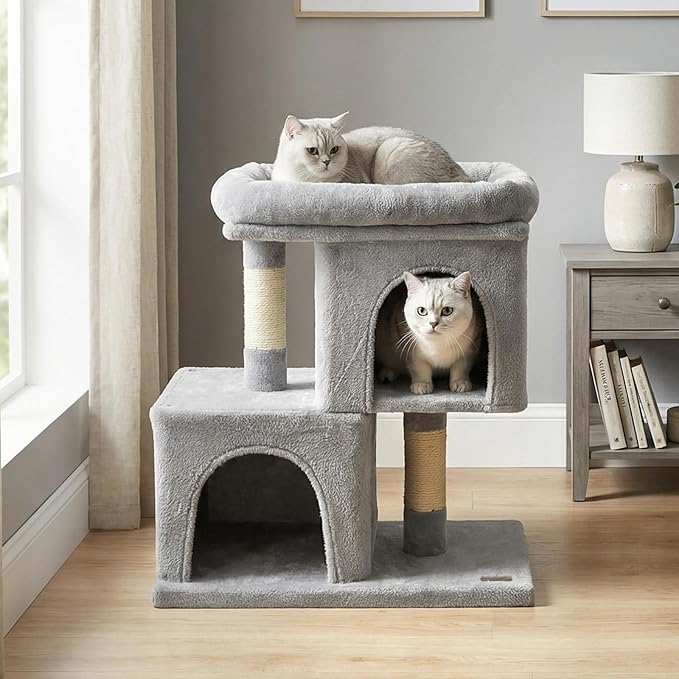 PETSITE 25.5-inch Small Cat Tree, Modern Multi-Level Cat Tower with 2 Comfy Condos, Sisal Scratching Posts, Large Plush Top Perch, and Anti-Tipping Kits, Ideal for Indoor Cats and Kittens (Grey)