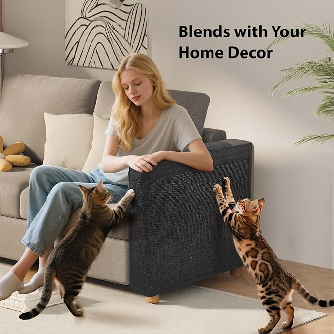Couch Protector from Cat Claws - Cat Scratch Sofa Protector Universal Fit on Both Arm Sides with Black Sisal Pad for Leather and Fabric Sofa,27.5 * 19.7 inch Expanded Coverage Sisal Area(Black)