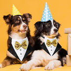 Dog Tuxedo Costume Wedding Bandana Nylon Collar with Gold Bow Tie Adjustable Formal Black Dog Tux Clothes for Small Medium Large VCat Pet Birthday Costumes Christmas Dress Outfits