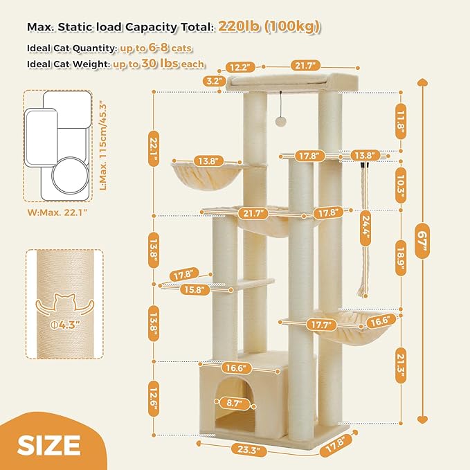 PETEPELA 67" XXL Cat Tree for Large Cats up to 25 lbs, Heavy Duty Cat Tower w/13 Extra-Thick Sisal Scratching Posts [φ4.3”], Cat Furniture with Metal Frame Hammock & XL Condo for Maine Coon, Beige