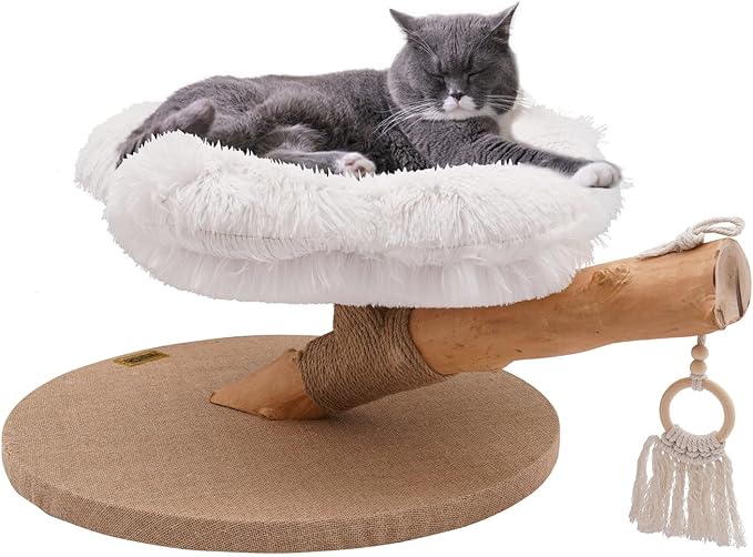 Wood Cat Tree, Flower Soft Cushion Cat Bed, Cat Tower with Rope Pendant,Cat Climbing Furniture for Cat, Load Capacity 11.02lbs