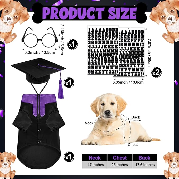 5 Pcs Dog Graduation Costume Set Include 2026 Pet Graduation Gown with Stole Puppy Grad Cap Lensless Glasses DIY Letter Stickers for Dogs Cats Holiday Costume Accessory(Black Purple,L)