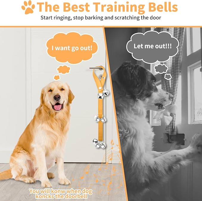 3 Pack Dog Doorbells, Pet Training Bells for Go Outside Potty Training and Communication Device Large Loud Dog Bell Cat Puppy Interactive Toys Adjustable Strap Door Bell (Yellow)