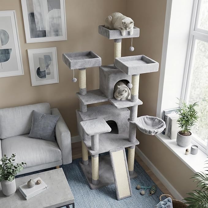 Tangkula 65 Inch Tall Cat Tree, Multi-Level Cat Tower with Sisal Scratching Posts & Board, 2 Condos, 3 Plush Top Perches, Adjustable Basket, 3 Hanging Balls for Indoor Cats (Gray)