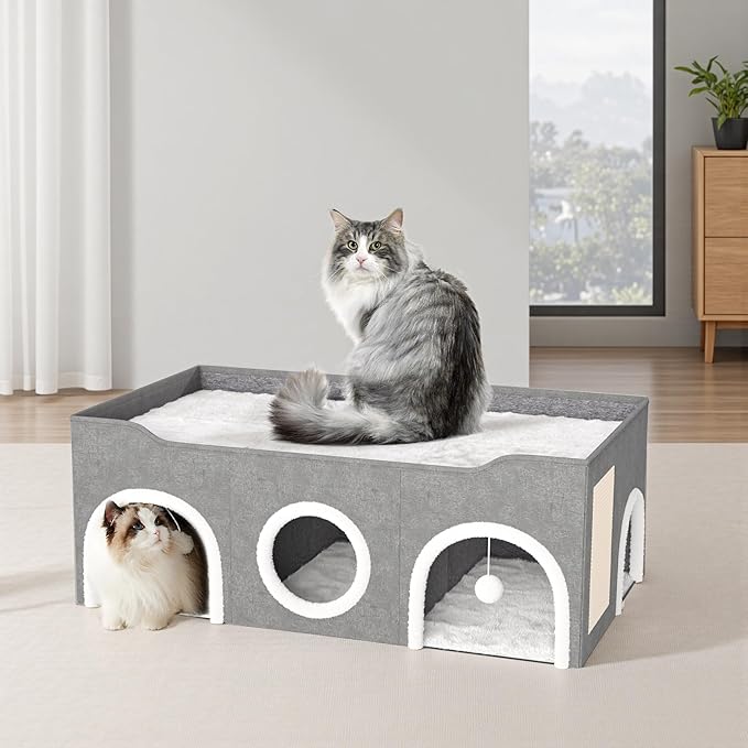 All-in-1 Extra-Wide Cat House for Indoor, Multi Cats Puppy Family, Large Cat Cave for Pet House with Fluffy Ball Hanging and Scratch Pad, Foldable Dog Hideaway