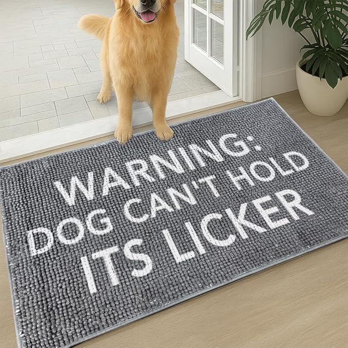 Muddy Mat® Absorbent Microfiber Door Mat and Pet Rug, Non Slip Washable Chenille Indoor Outdoor Rug - Warning Dog Can't Hold Its Licker Funny Pet Welcome Mat 19"x30"